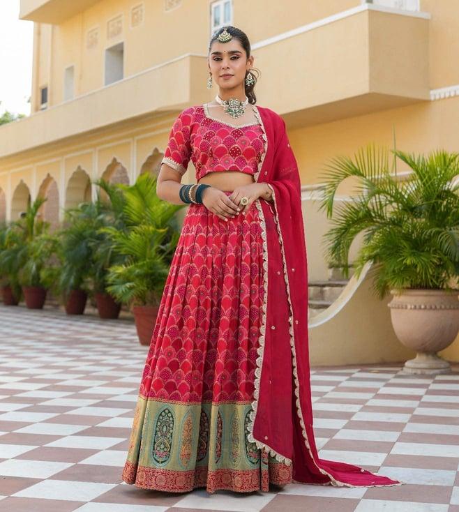 everbloom preeta red jashn silk printed lehenga set