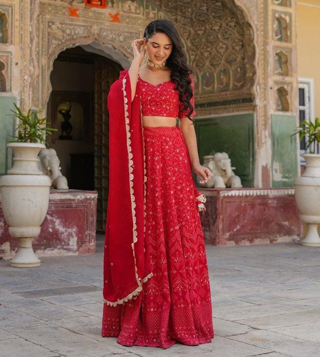 everbloom dastoor red aafreen lucknowi embroidered lehenga set