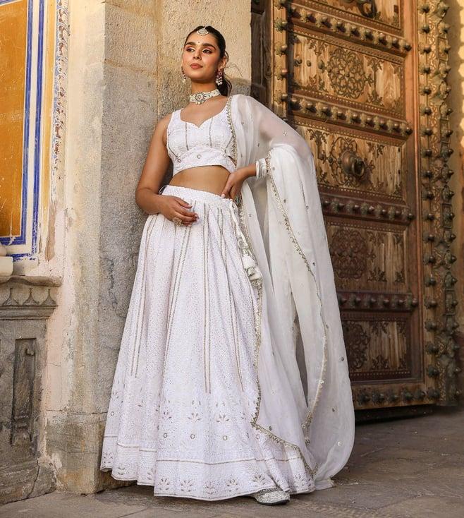 everbloom ishika white aafreen lucknowi embroidered lehenga set