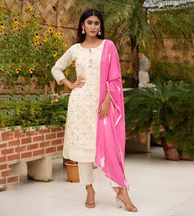 autumnlane heema cream & pink rose cotton full embroidery kurta