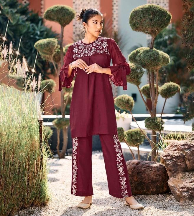 autumnlane alice maroon applique & embroidery tunic with pant co-ord set set