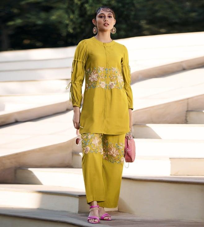 autumnlane sophia yellow embroidered tunic with pant co-ord set set