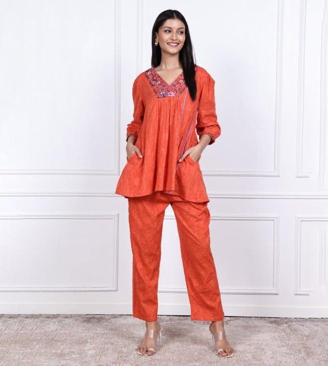 autumnlane slush orange cotton top with pant co-ord set