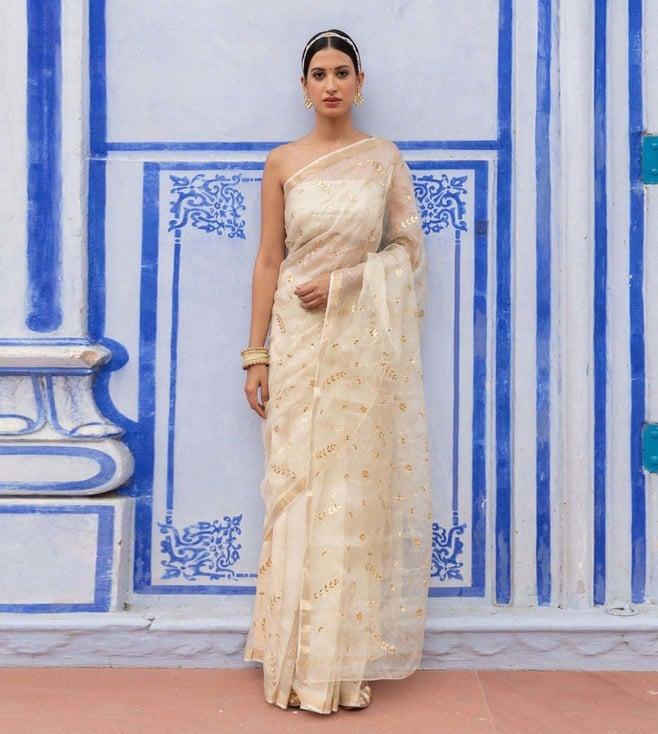 geroo jaipur off white hand embroidered gota patti pure kota silk saree