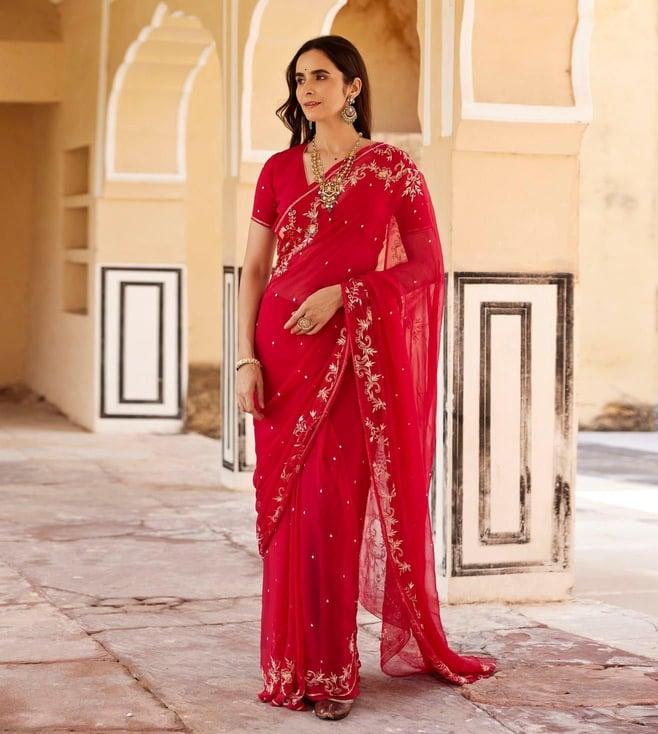 geroo jaipur dark pink hand embroidered aari-zardozi chiffon saree