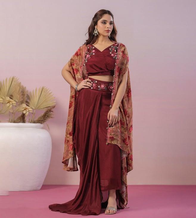 scakhi burgundy chinon silk floral print & embroidered cape with choli and skirt