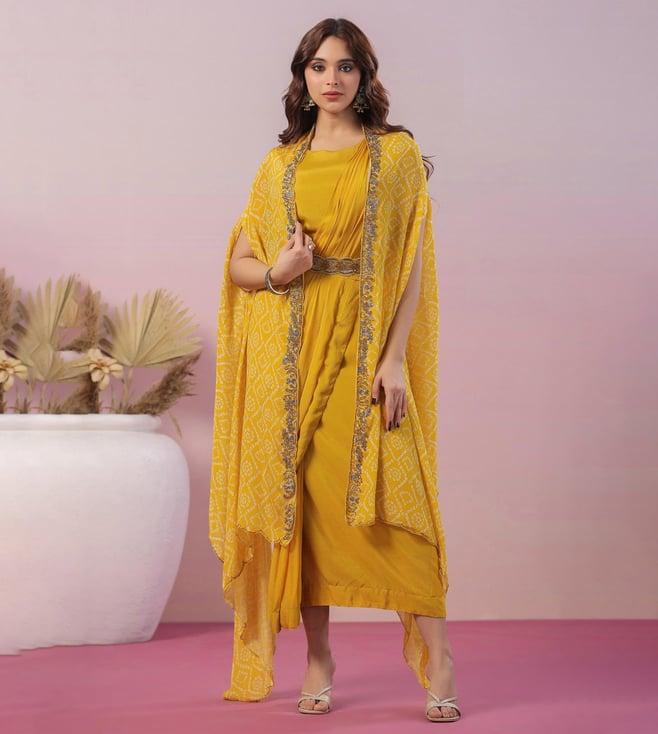 scakhi mustard chinon silk ready to wear saree with chinon silk leheriya cape and embroidered belt