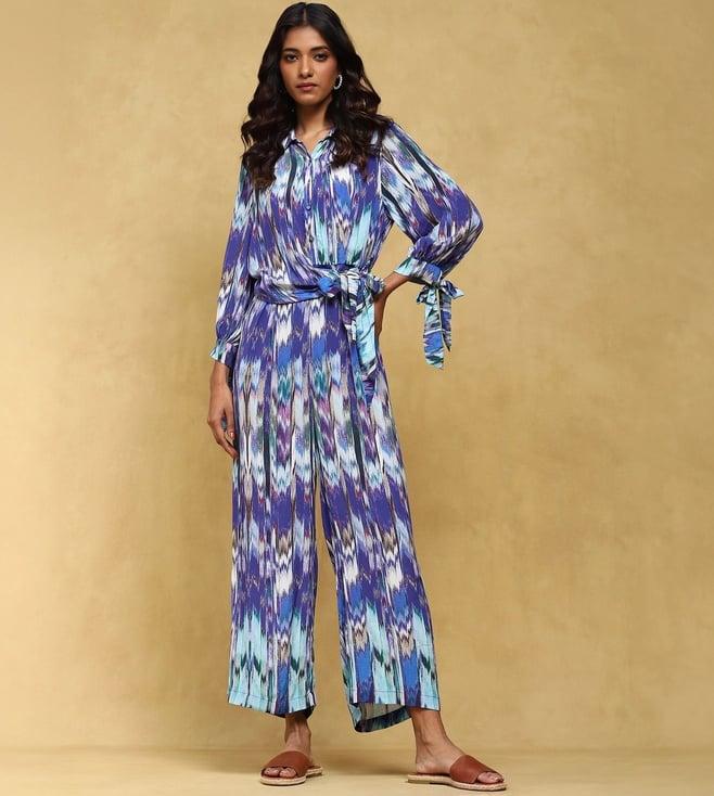 ritu kumar blue binkai printed viscose jumpsuit