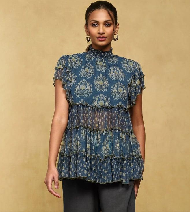 ritu kumar blue venice block print short top