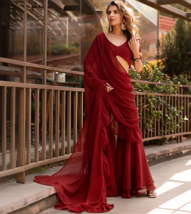 calmna carmine maroon georgette embroided prestitch saree with sharara