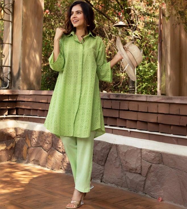 calmna green schiffli tunic with pant co-ord set