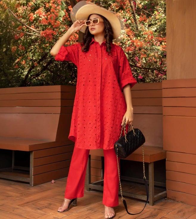 calmna red schiffli tunic with pant co-ord set