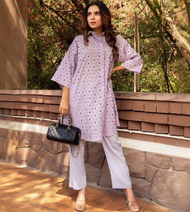 calmna lavender schiffli tunic with pant co-ord set