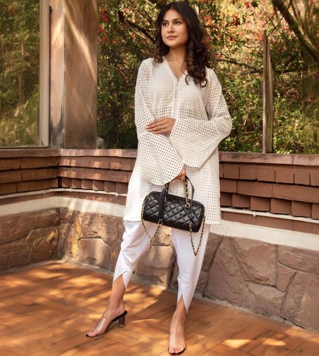 calmna pearl white schiffli tunic with pant co-ord set