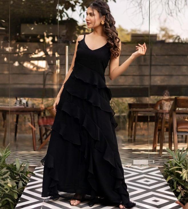 calmna black georgette ruffle dress