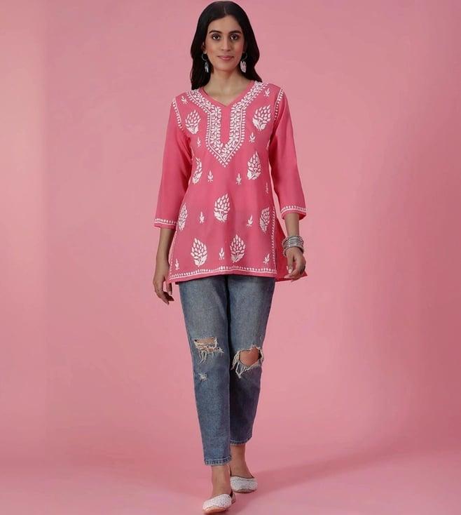 house of chikankari pink embroidered straight short kurti