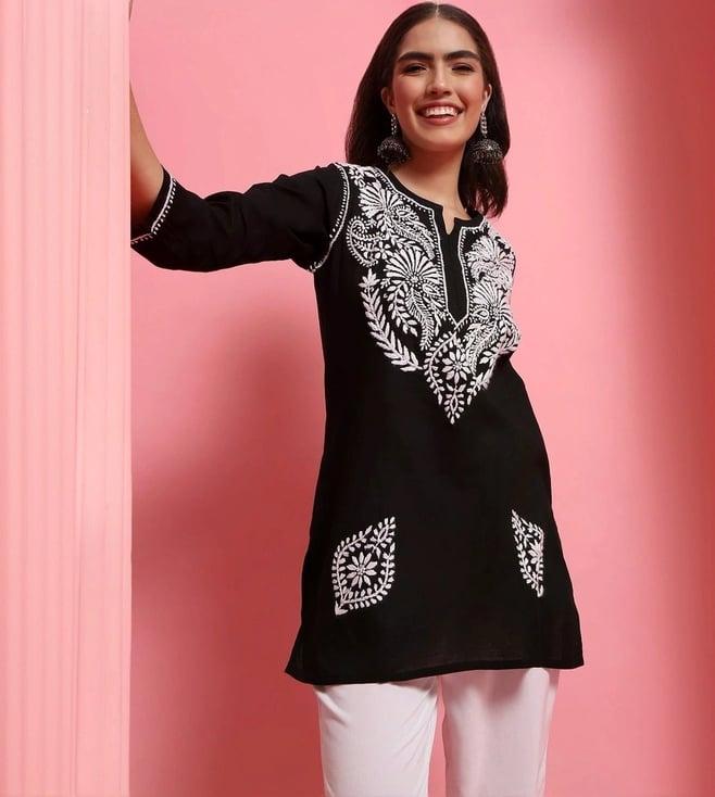 house of chikankari black cotton embroidered straight kurti