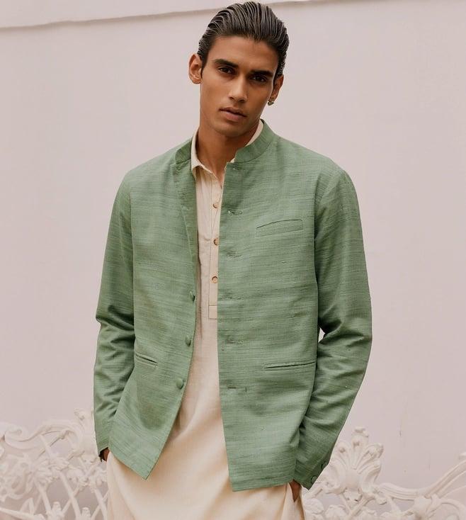 andamen green heritage men nehru textured jacket