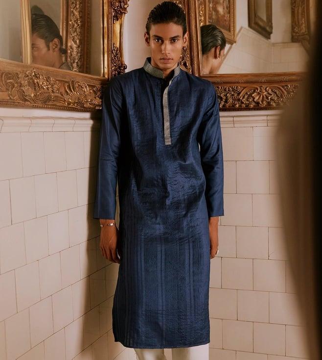 andamen navy heritage men long length pleats tucks embroidered kurta