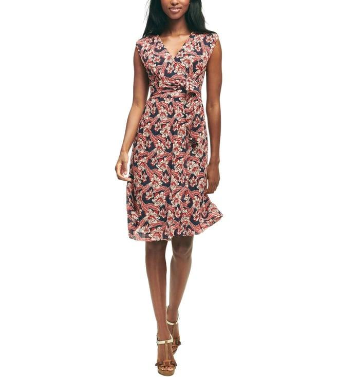 brooks brothers navy modern fit tropical floral print crinkle chiffon faux wrap dress