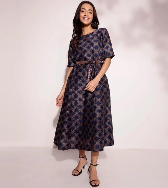 fabindia indigo cotton silk ajrakh printed midi dress