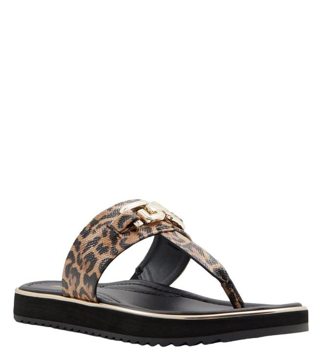 aldo women's adirahar brown multi t-strap sandals (animal attack)