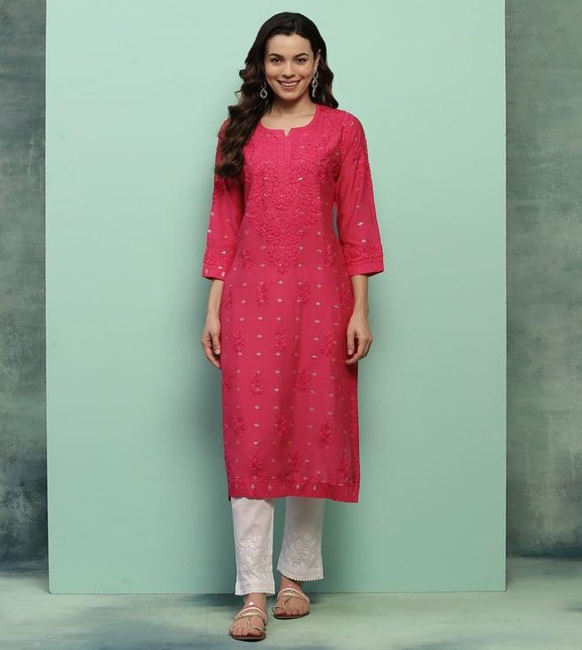 house of chikankari chanderi solid women's long kurta - magenta