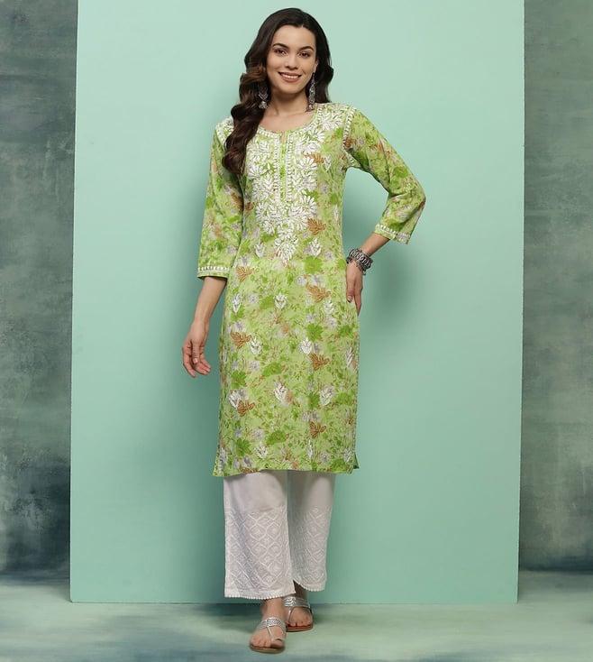 house of chikankari cotton printed women's long kurta - green