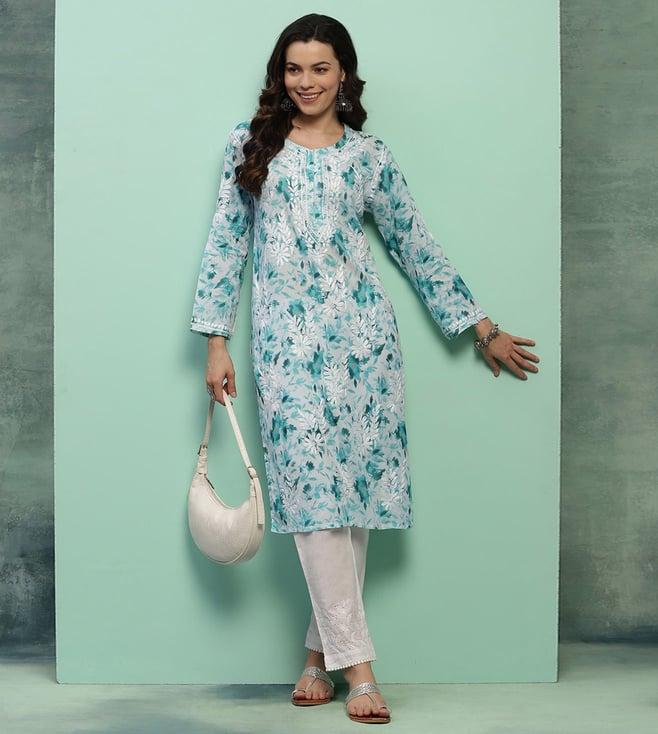 house of chikankari cotton printed women's long kurta - teal