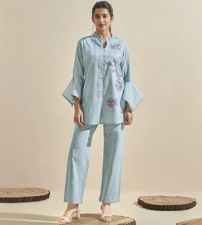 autumnlane blue cleo softblue schiffli cotton co-ord set shirt with pant