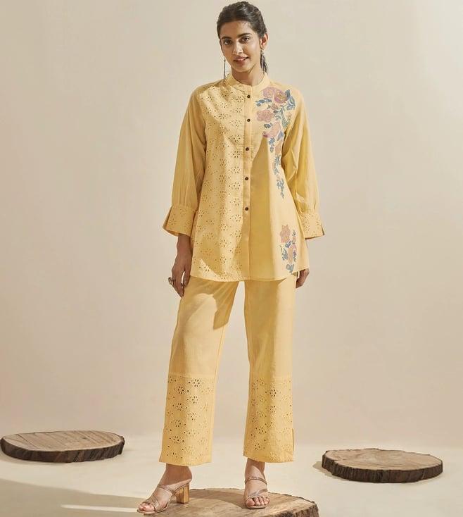 autumnlane yellow cleo lime schiffli cotton co-ord set shirt with pant