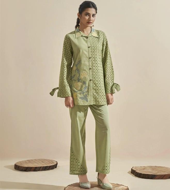 autumnlane green cleo fern schiffli cotton co-ord set shirt with pant