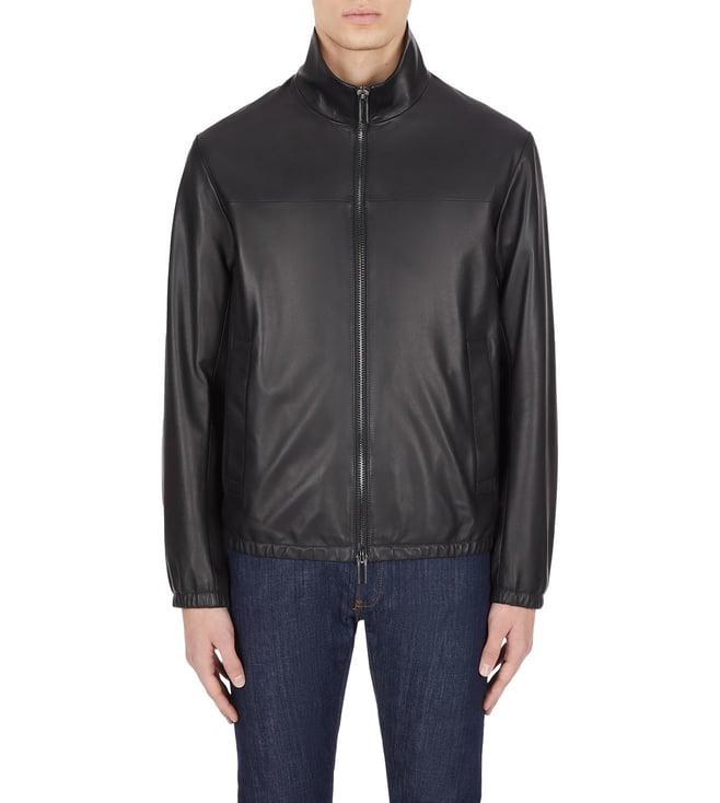 emporio armani black regular fit leather blouson