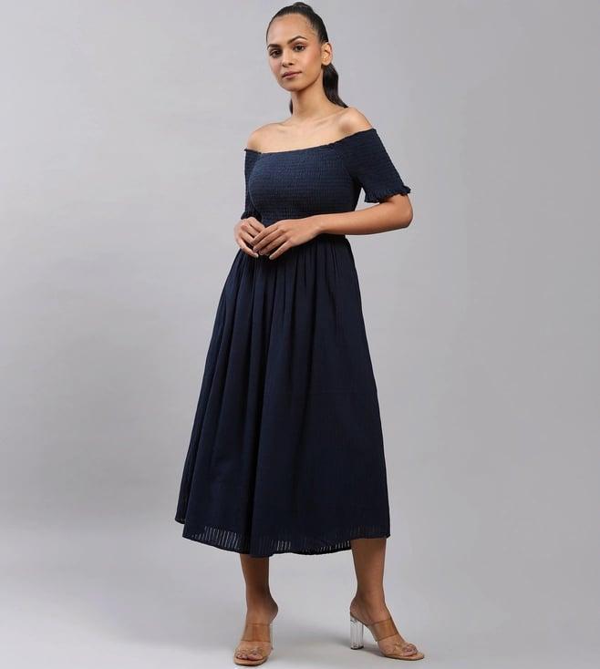 label ritu kumar navy off shoulder half sleeves midi dress