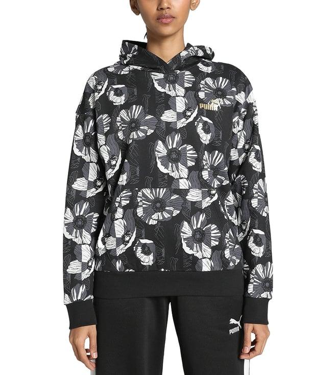 puma black essentials class act floral print comfort fit hoodie