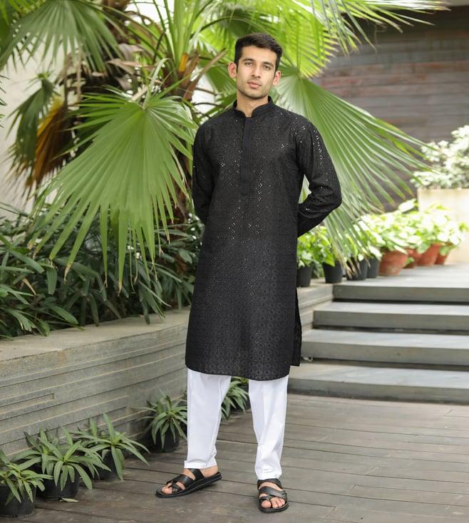 house of chikankari black cotton ashra chikankari cotton straight men's kurta with sequin