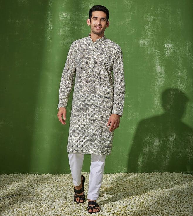 house of chikankari white & green cotton zaman cotton straight men's kurta