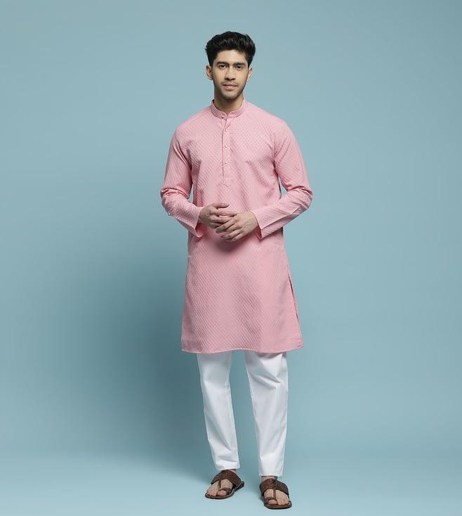 house of chikankari pink dobby dobby textured solid men's long kurta - pink