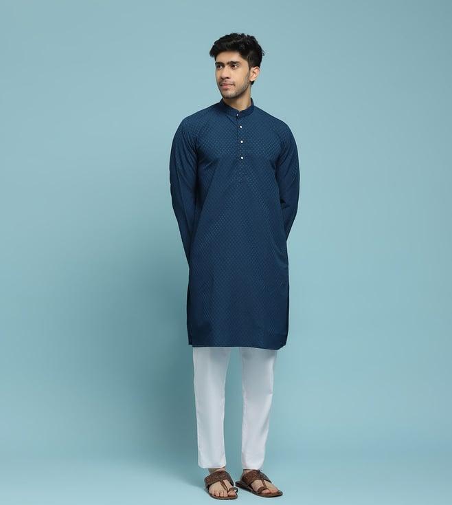 house of chikankari blue dobby dobby textured solid men's long kurta - blue