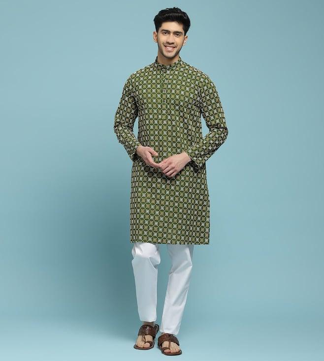 house of chikankari green cotton cotton schiffli solid men's long kurta