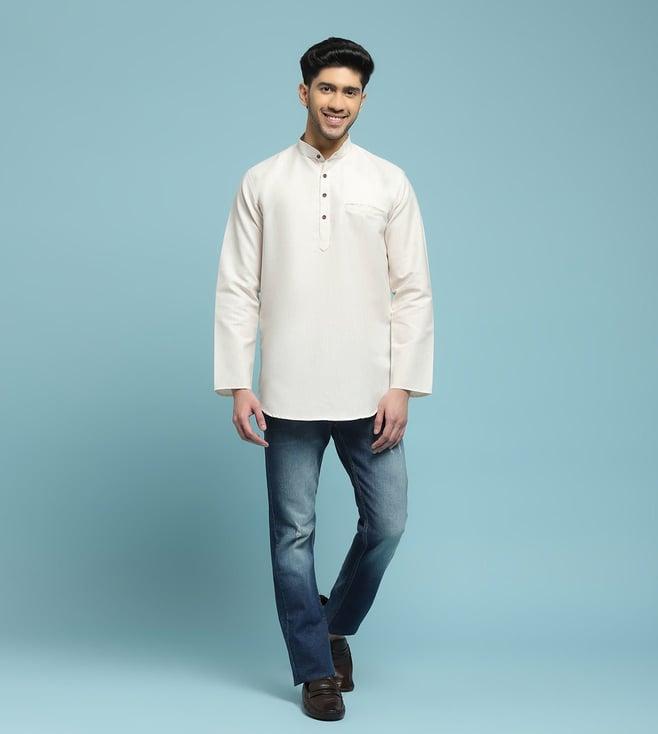 house of chikankari cream poly cotton poly cotton solid men's short kurta - cream