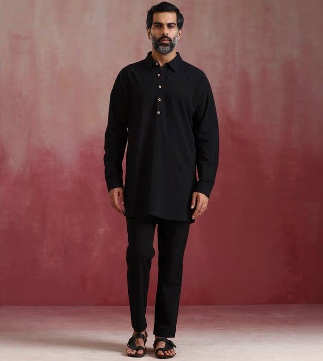 truebrowns men's black cotton shirt collar stylized kurta co-ord set