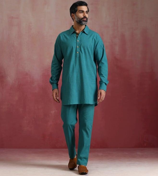 truebrowns men's teal  cotton shirt collar stylized kurta co-ord set