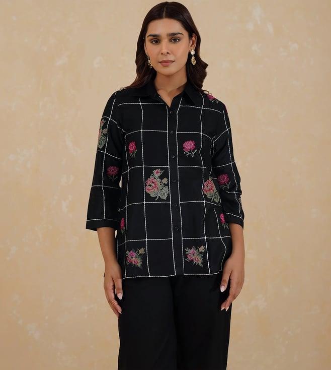 inching india black dariya cross stitch embroidered shirt top