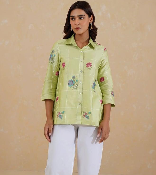 inching india green dariya cross stitch embroidered shirt top