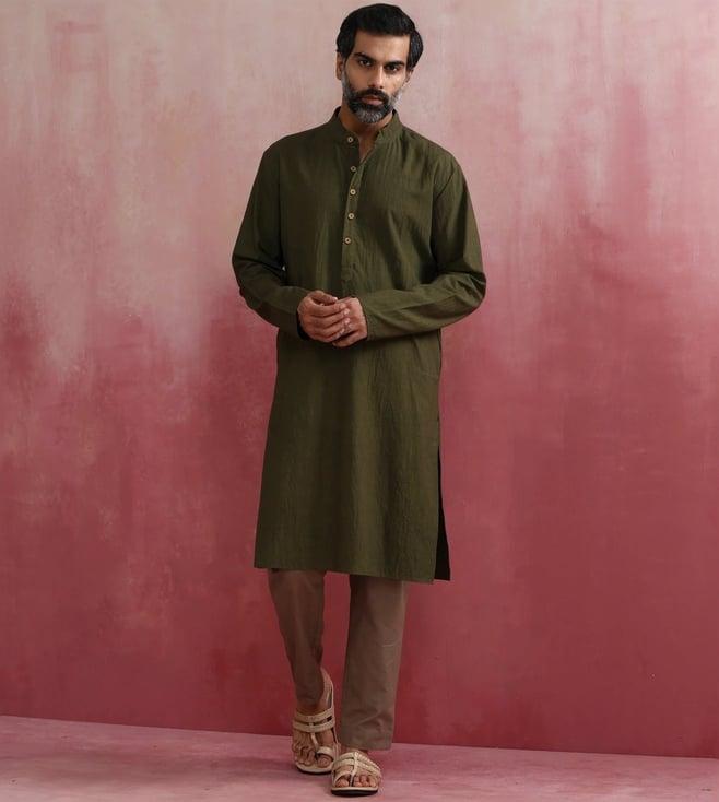 truebrowns men's olive green mandarin collar kurta