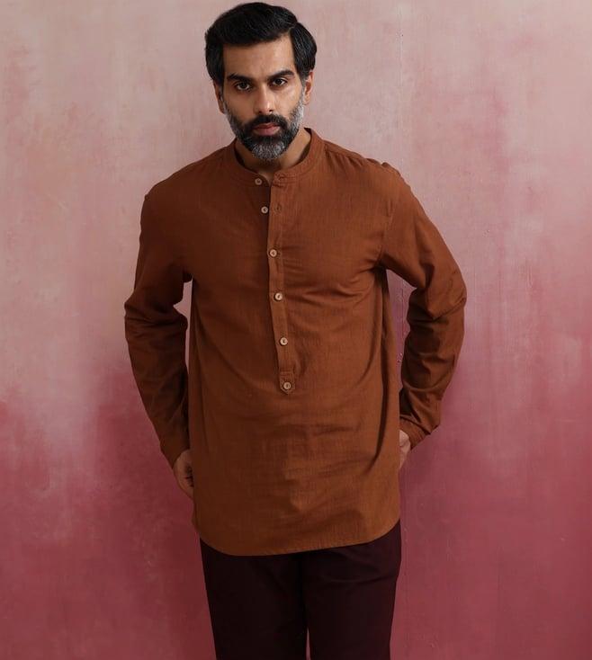 truebrowns men's brown cotton mandarin collar stylized kurta