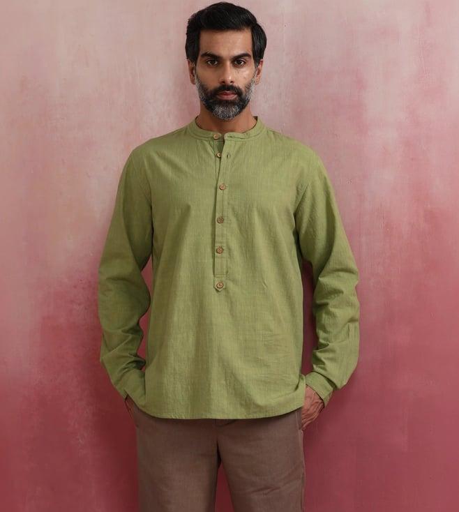 truebrowns men's pista green cotton mandarin collar stylized kurta