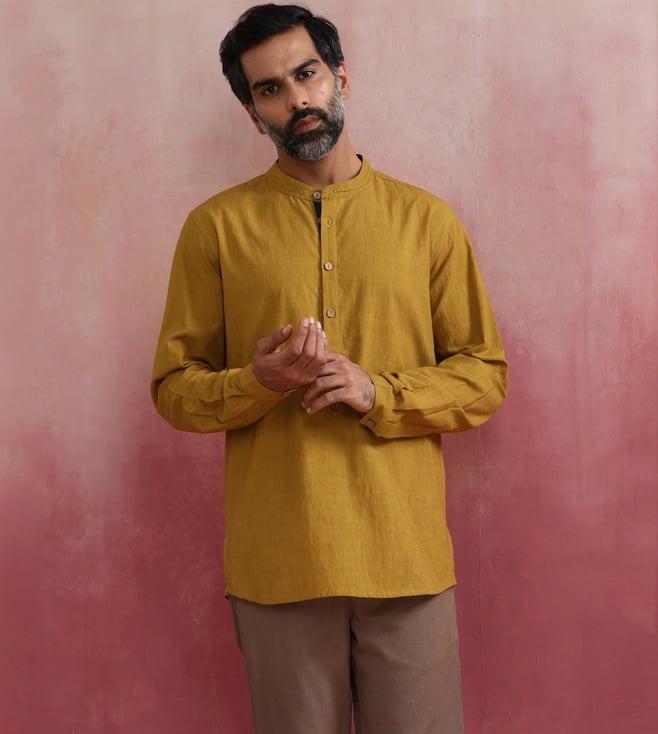 truebrowns men's mustard cotton mandarin collar stylized kurta