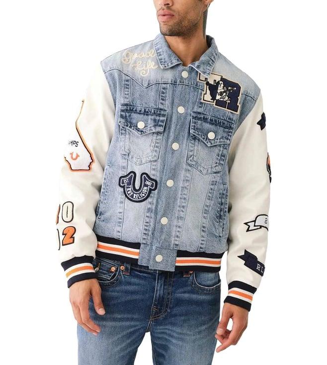 true religion blue applique logo regular fit varsity jacket